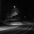 Dark creepy black and white road at night under the street lights