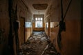 Dark creepy corridor of ruined abandoned building