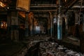 Dark creepy empty abandoned industrial building interior at night