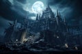 Dark creepy Gothic haunted castle on mountain top on Halloween night