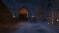 Dark creepy gothic medieval castle doorway with stone statues outside. 3D rendering