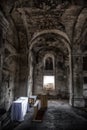 Dark creepy interior of abandoned Lutheran church