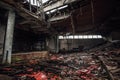 Dark creepy interior ruined collapsed abandoned stage or cinema theater