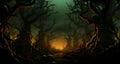 a dark, creepy scene with trees and an orange light Royalty Free Stock Photo