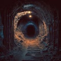 Dark creepy tunnel in an abandoned mine with rusty rail tracks leading into the unknown. Generative AI illustration