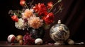 Dark Crimson And Beige: A Captivating Vase Of Flowers And Art Pieces