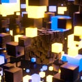 Dark cubes randomly distributed in the air, 3d rendering Royalty Free Stock Photo