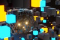 Dark cubes randomly distributed in the air, 3d rendering Royalty Free Stock Photo