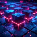Dark Cubes with Red Neon Edges and Glowing Particles on a Digital Grid abstract background Royalty Free Stock Photo