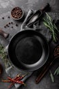 Dark culinary background with empty black pan