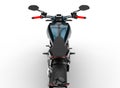 Dark cyan metallic chopper motorcycle - back view cut shot Royalty Free Stock Photo