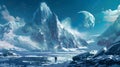 Dark Cyan Sci-Fi Landscape with Frozen Ice Planet