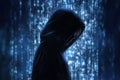 Dark Cyber Themed Illustration of a Digital Hacker Amidst Glowing Binary Code Background Royalty Free Stock Photo