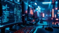 Dark cyber workspace with computer screens displaying code Royalty Free Stock Photo