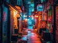 Dark cyberpunk alley with glowing sign