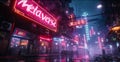 Dark cyberpunk neon city in rain, store sign Metaverse in futuristic town at night, wet modern street with red, purple and blue