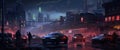 dark cyberpunk neon city with skyscrapers and futuristic cars, generative AI Royalty Free Stock Photo