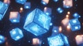Dark cyberspace is illuminated by digital cubes, futuristic data blocks pulsating with cyber energy, representing