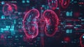 Dark 3d futuristic model of human kidneys, nephrology healthcare concept. Scientific researches and data. Generative AI