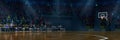 Dark 3D model of empty basketball arena, court, playground for basketball game competition, championship. Stadium full