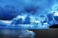 Dark dangerous tropical storm clouds rolling in sky over ocean coastal beach
