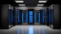 Dark data center hallway with servers glowing blue, rows of cabinets and lighting Royalty Free Stock Photo