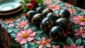 Dark decorated eggs resting on a floral tablecloth. Generative AI Royalty Free Stock Photo