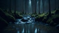 A dark, dense mystical forest with tall, dense trees and a swift stream. Generation AI