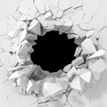 Dark destruction cracked hole in white stone wall Royalty Free Stock Photo