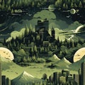 Dark and detailed forest city illustration with mountains and luminous scenes (tiled