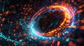 Dark digital background, center-focused neural network data flow under neon cyber light. Big data visualization