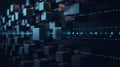 Dark digital grid of cubes with glowing blue data streams abstract background Royalty Free Stock Photo