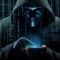 Dark digital matrix rain hooded masked hacker scammer using smartphone