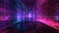 Dark digital room background, empty futuristic space with neon wireframe lines, perspective view. Concept of future, grid, wire