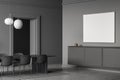 Dark dining room interior with empty white poster, five chairs