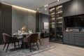 Dark dining room interior with gray wall mockup Royalty Free Stock Photo