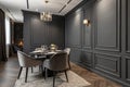 Dark dining room interior with gray wall mockup Royalty Free Stock Photo