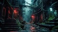 Dark dirty alley in rain, gloomy street in cyberpunk city, dystopia theme