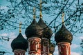 The dark domes of an Orthodox church with golden crosses against a background of blue sky and young branches Royalty Free Stock Photo
