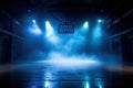 dark and dramatic high school basketball court, basketball hoop, blue smoke Royalty Free Stock Photo