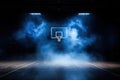 dark and dramatic high school basketball court, basketball hoop, blue smoke Royalty Free Stock Photo