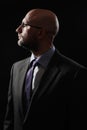 Dark dramatic portrait of a bald slim businessman in grey suit, blue shirt, tie and glasses. Profile view of the face. Royalty Free Stock Photo