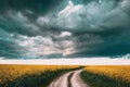 Dark Dramatic Rain Cloudy Sky Above Spring Flowering Canola, Rapeseed, Oilseed Field Meadow Grass. Road In Spring Field Royalty Free Stock Photo