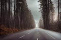 Dark dramatic road, landscape with forest as background, gloomy sky, rainy clouds. Generative AI