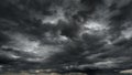 dark dramatic sky with black stormy clouds before rain or snow as abstract background, extreme weather, the sun shines through the Royalty Free Stock Photo