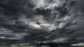 dark dramatic sky with black stormy clouds before rain or snow as abstract background, extreme weather, the sun shines through the Royalty Free Stock Photo