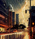 Dark dramatic stormy night sky with lightning bolts over city under rain. AI illustration Royalty Free Stock Photo