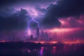 Dark dramatic stormy night sky with lightning bolts over city under rain. AI illustration