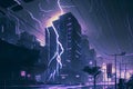 Dark dramatic stormy night sky with lightning bolts over city under rain. AI illustration Royalty Free Stock Photo