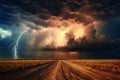 dark dramatic stormy sky with lightning and cumulus clouds over ground road in plain for abstract background